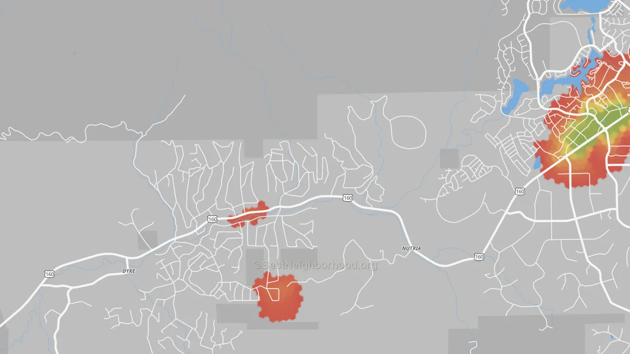 Walk Grade map of Nutria, CO, walkable areas in green and car-dependent areas in red