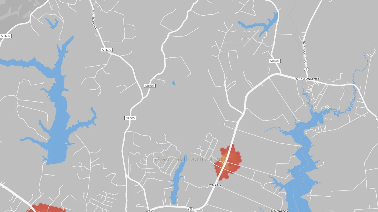 Walk Grade map of Nuttall, VA, walkable areas in green and car-dependent areas in red