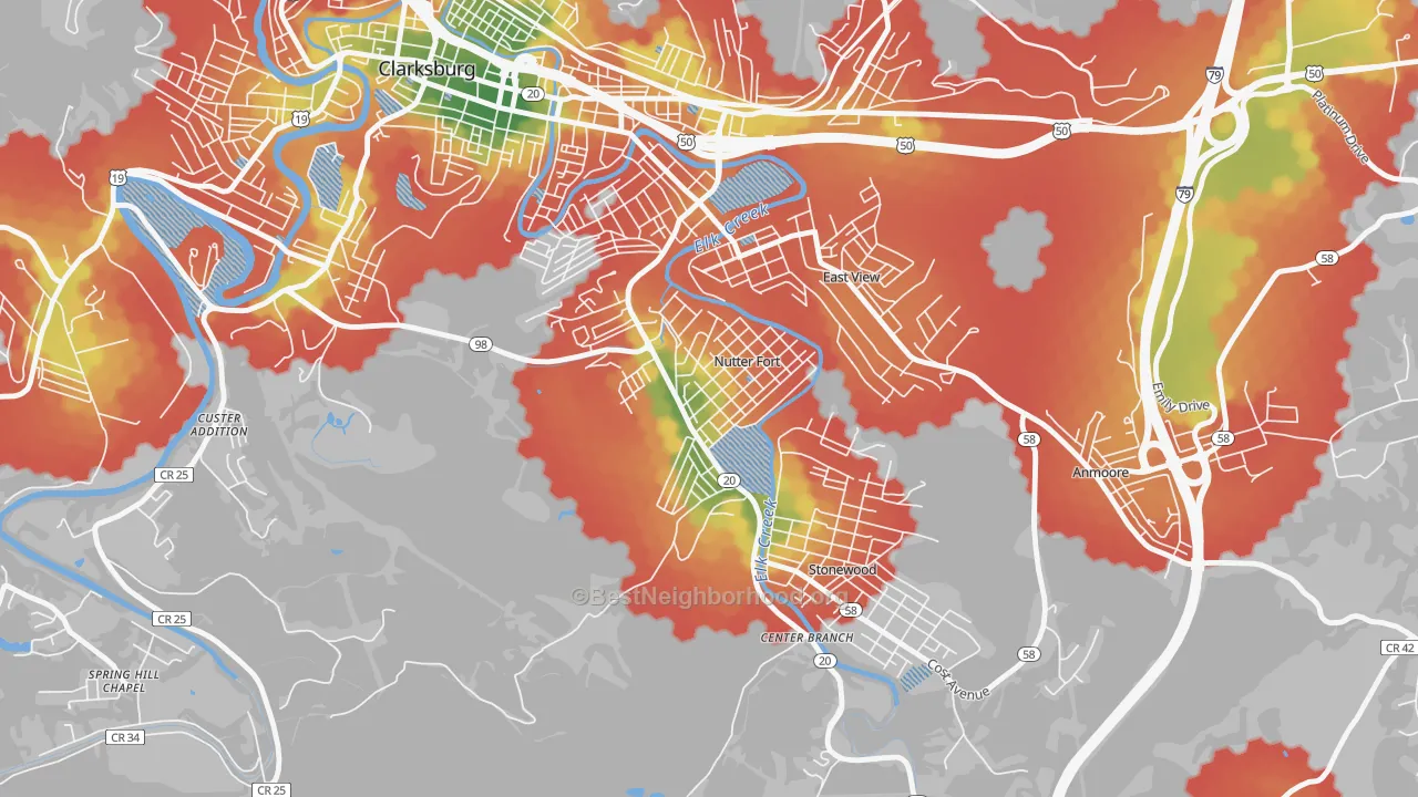 Walk Grade map of Nutter Fort, WV, walkable areas in green and car-dependent areas in red