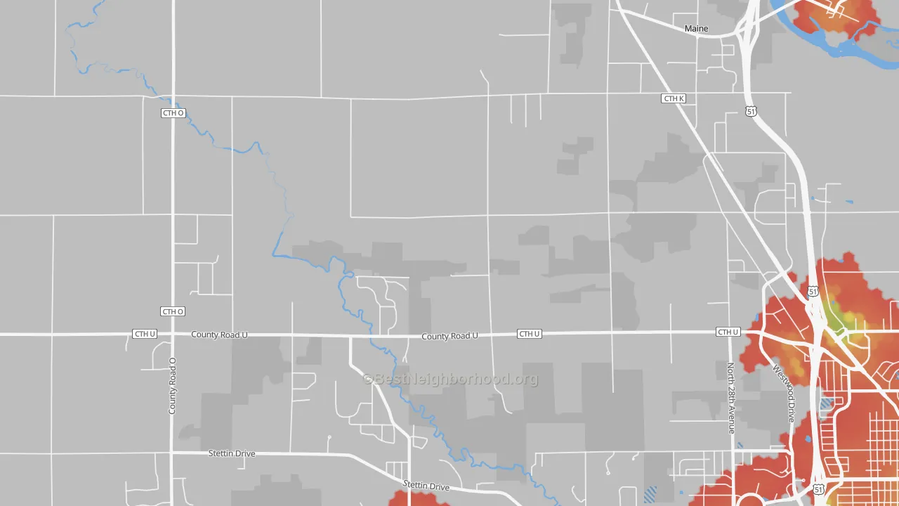 Walk Grade map of Nutterville, WI, walkable areas in green and car-dependent areas in red