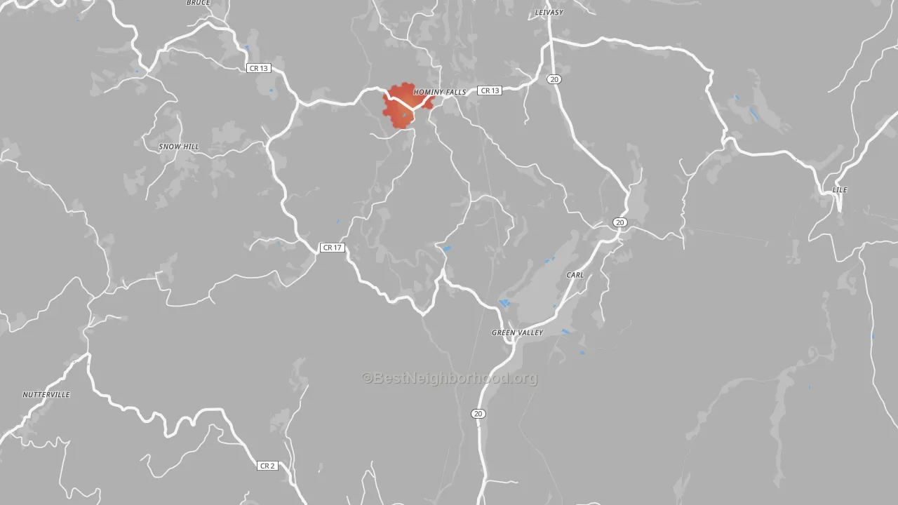 Walk Grade map of Nutterville, WV, walkable areas in green and car-dependent areas in red