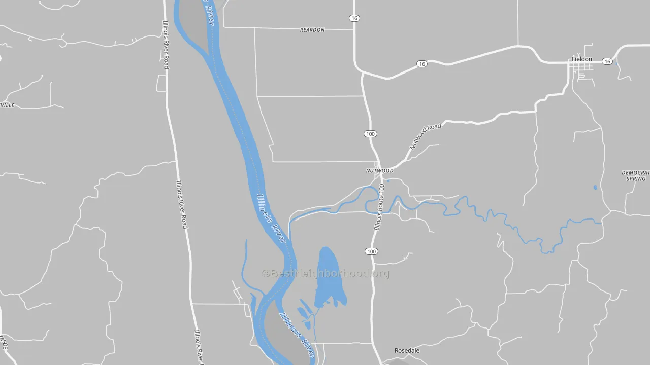 Walk Grade map of Nutwood, IL, walkable areas in green and car-dependent areas in red