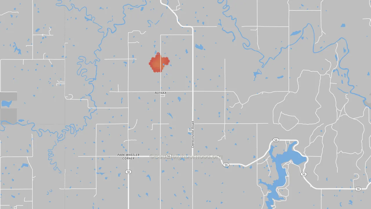 Walk Grade map of Nuyaka, OK, walkable areas in green and car-dependent areas in red