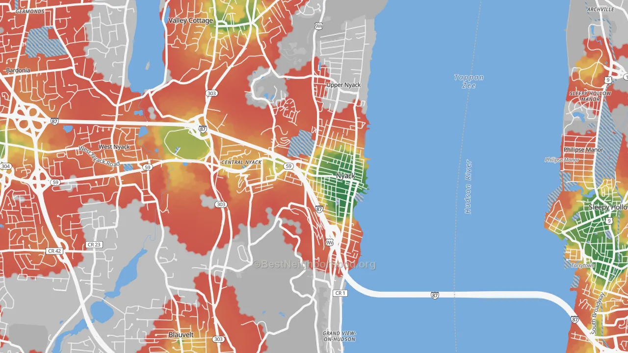 Walk Grade map of Nyack, NY, walkable areas in green and car-dependent areas in red