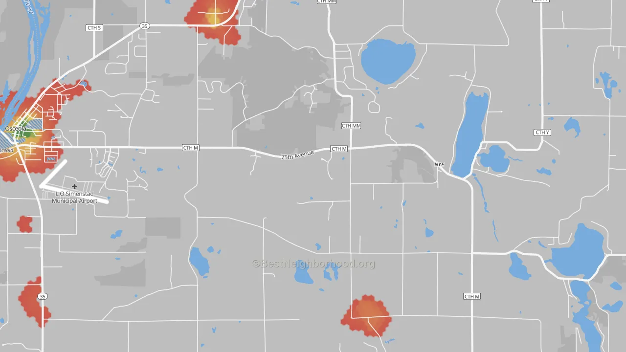 Walk Grade map of Nye, WI, walkable areas in green and car-dependent areas in red