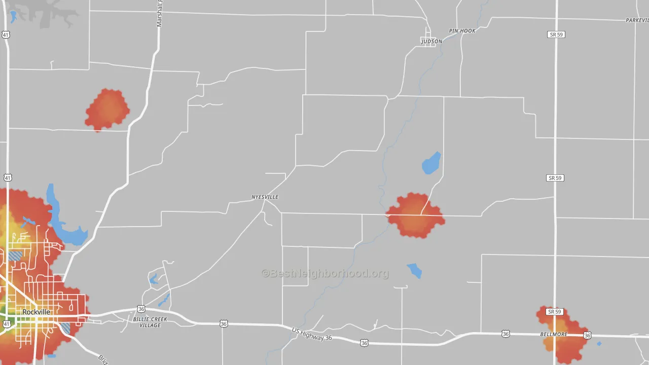 Walk Grade map of Nyesville, IN, walkable areas in green and car-dependent areas in red
