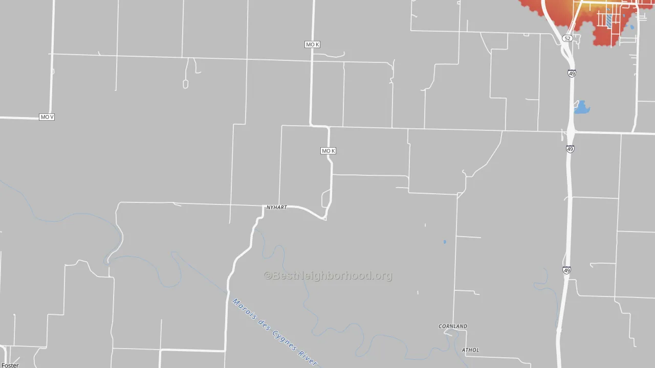 Walk Grade map of Nyhart, MO, walkable areas in green and car-dependent areas in red