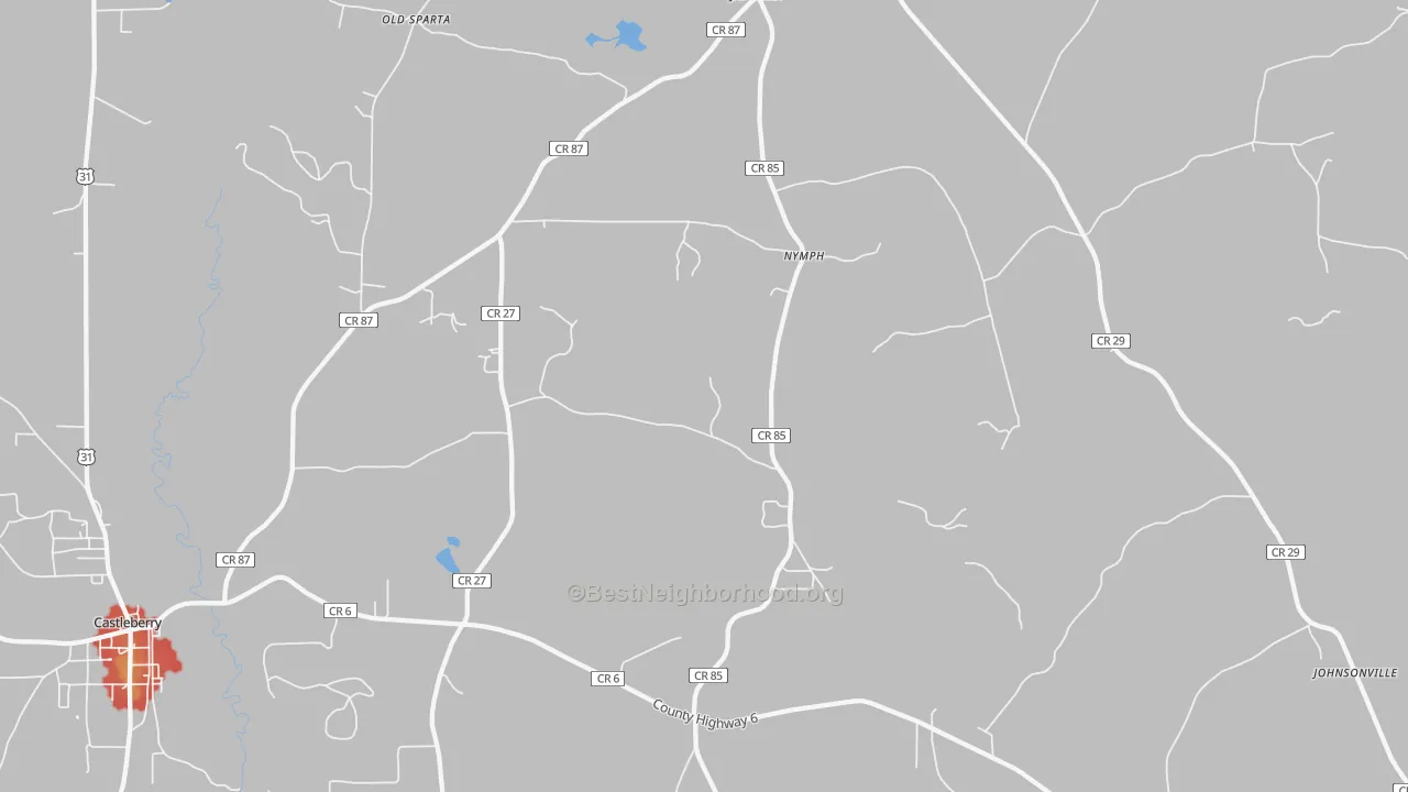 Walk Grade map of Nymph, AL, walkable areas in green and car-dependent areas in red