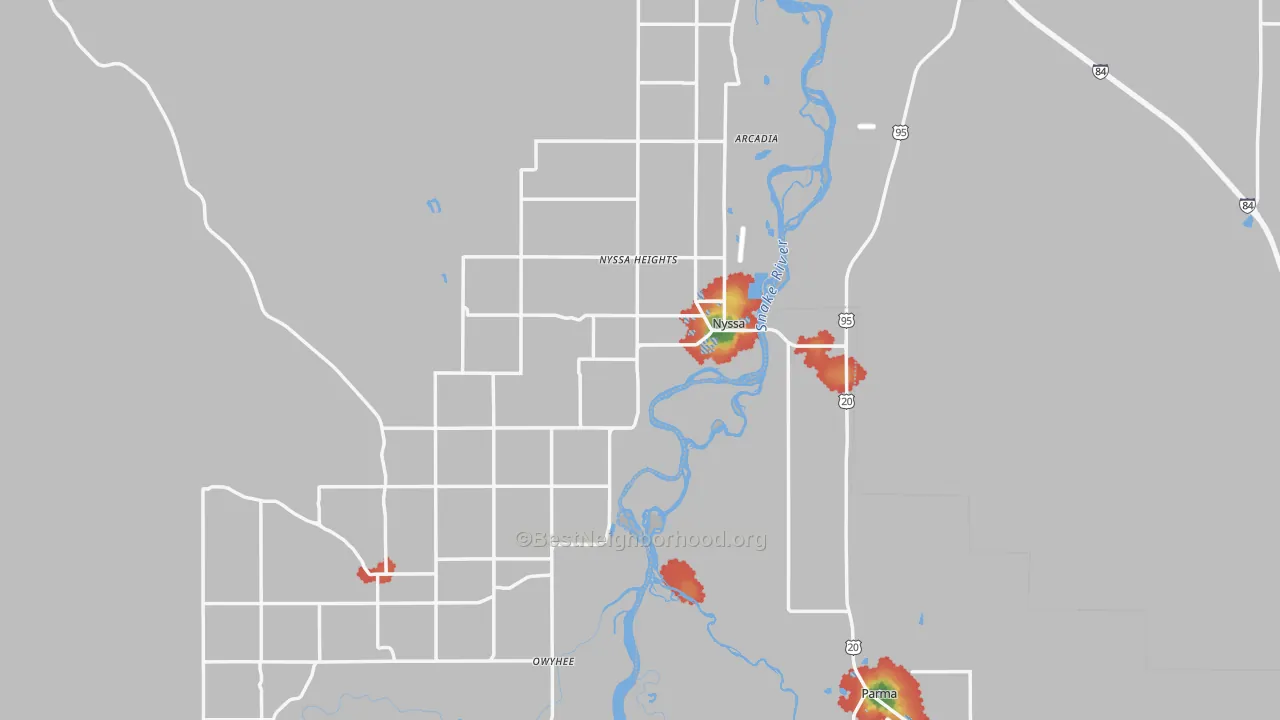Walk Grade map of Nyssa, OR, walkable areas in green and car-dependent areas in red