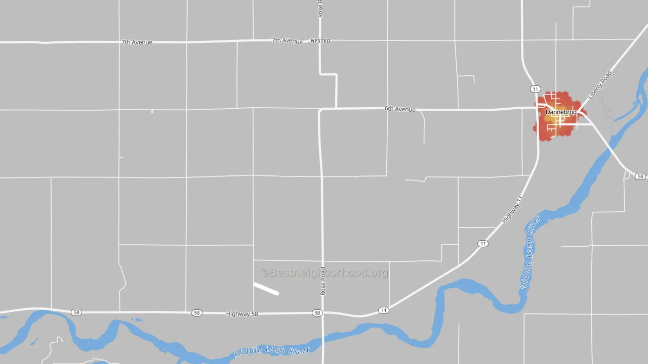 Walk Grade map of Nysted, NE, walkable areas in green and car-dependent areas in red