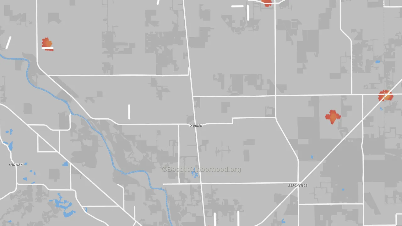 Walk Grade map of O'Brien, FL, walkable areas in green and car-dependent areas in red