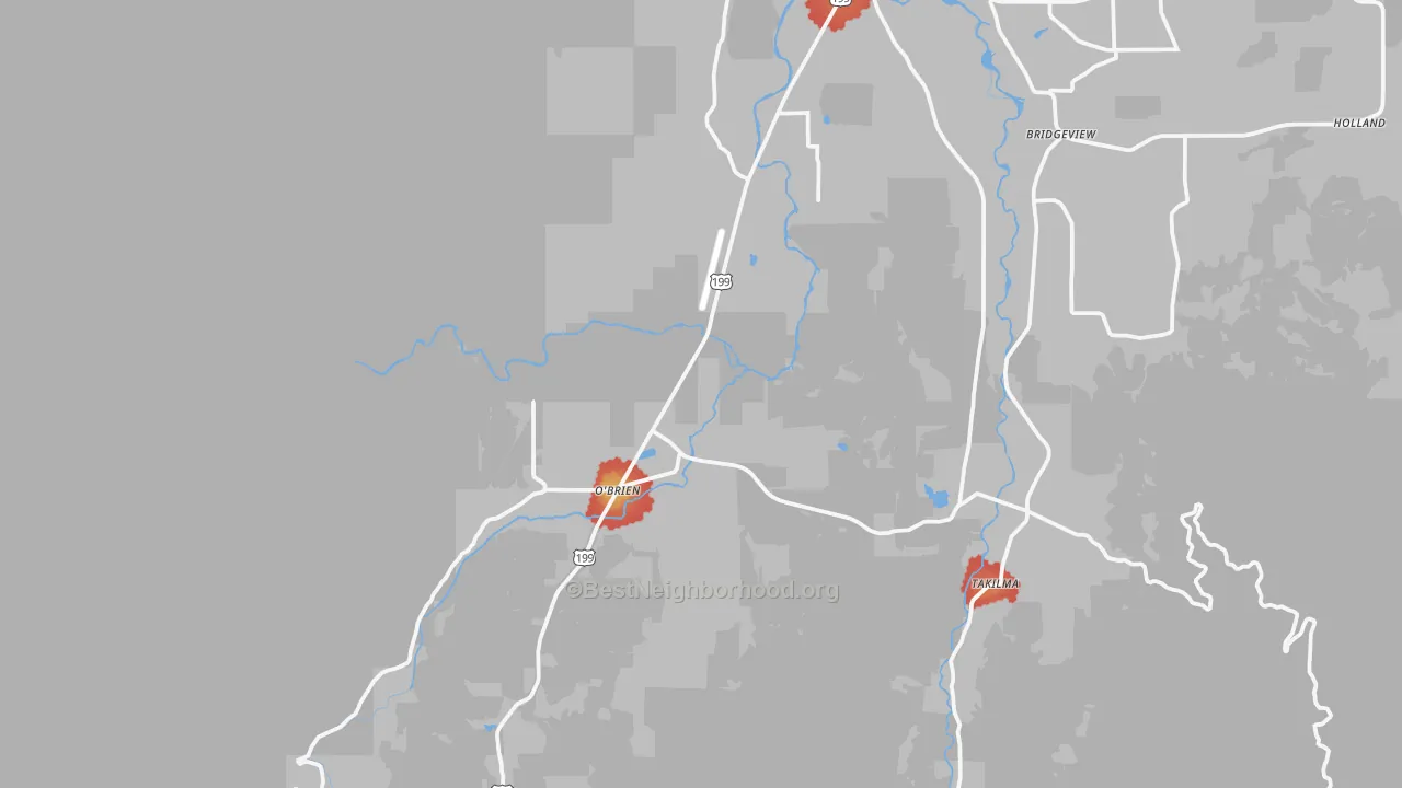 Walk Grade map of O'Brien, OR, walkable areas in green and car-dependent areas in red