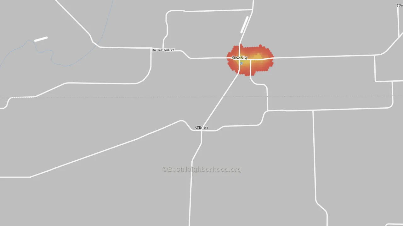 Walk Grade map of O'Brien, TX, walkable areas in green and car-dependent areas in red