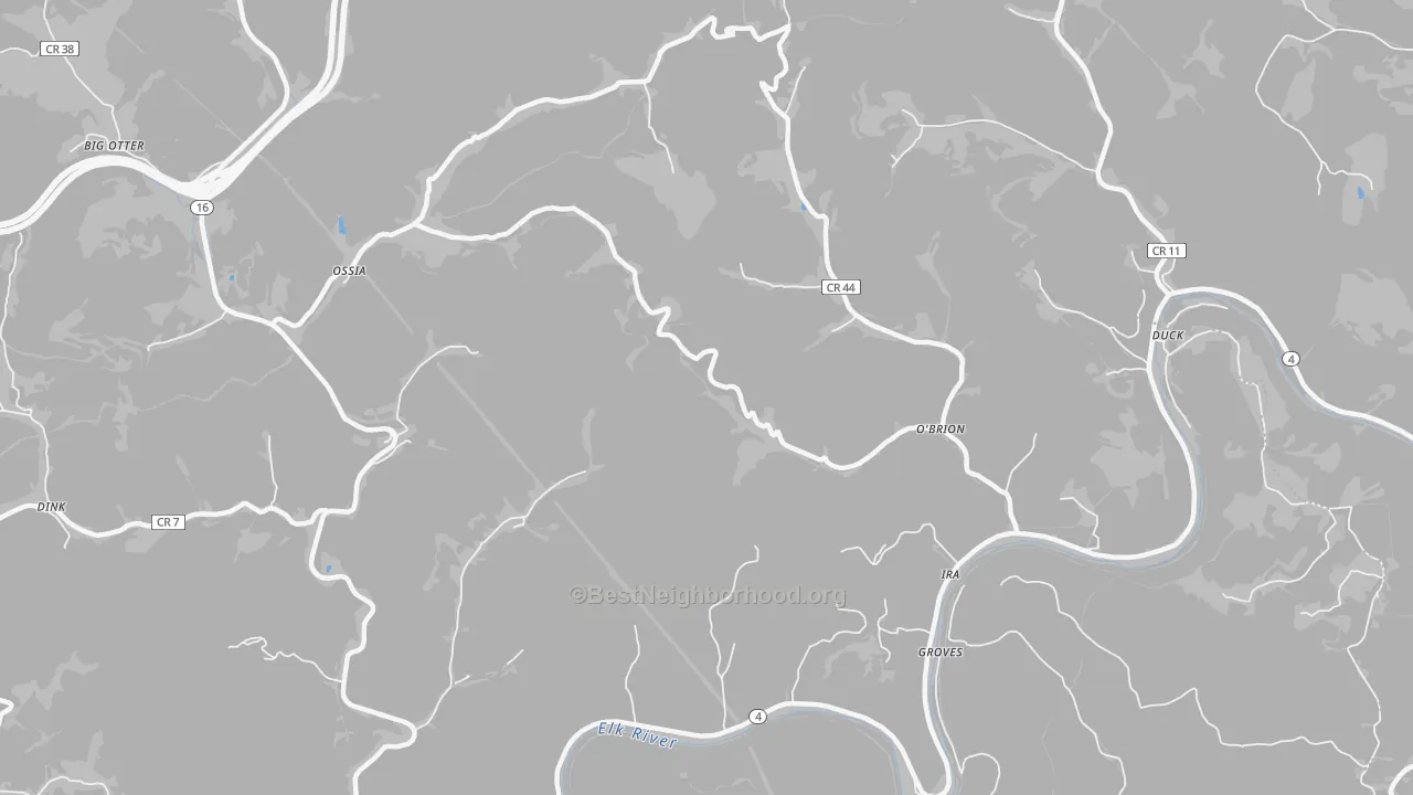 Walk Grade map of O'Brion, WV, walkable areas in green and car-dependent areas in red