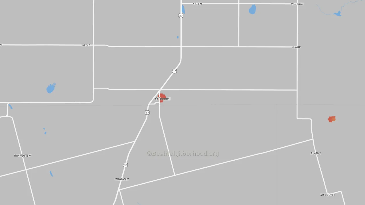 Walk Grade map of O'Donnell, TX, walkable areas in green and car-dependent areas in red