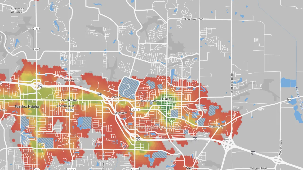 Walk Grade map of O'Fallon, IL, walkable areas in green and car-dependent areas in red