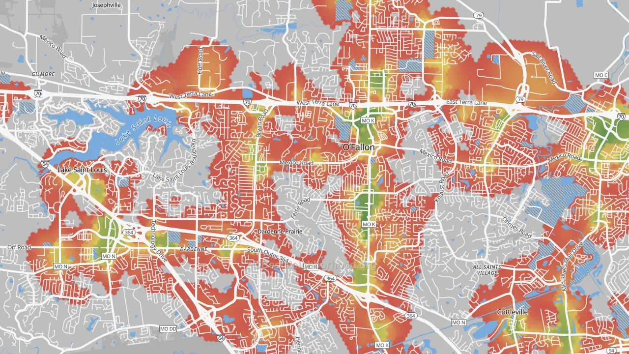 Walk Grade map of O'fallon, MO, walkable areas in green and car-dependent areas in red