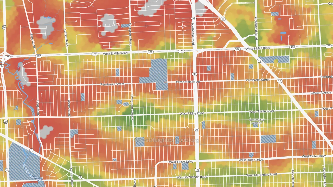 Walk Grade map of O Hair Park, Detroit, MI, walkable areas in green and car-dependent areas in red