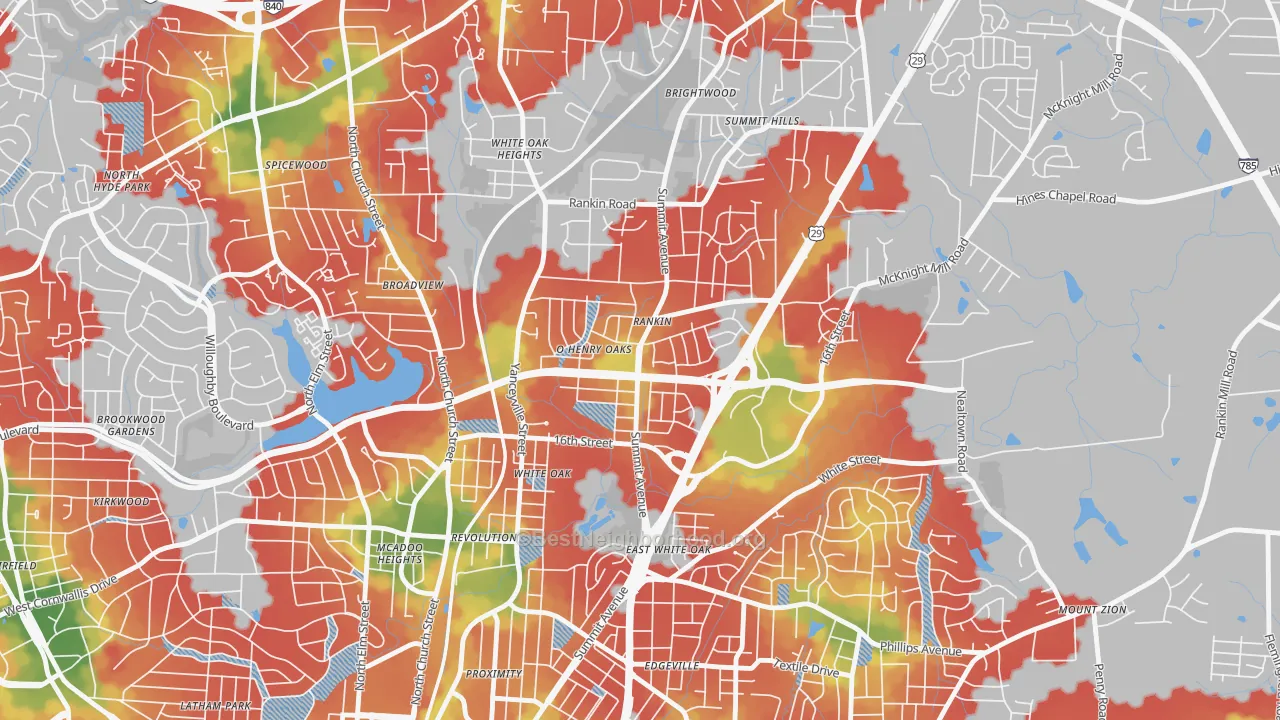 Walk Grade map of O Henry Oaks, Greensboro, NC, walkable areas in green and car-dependent areas in red
