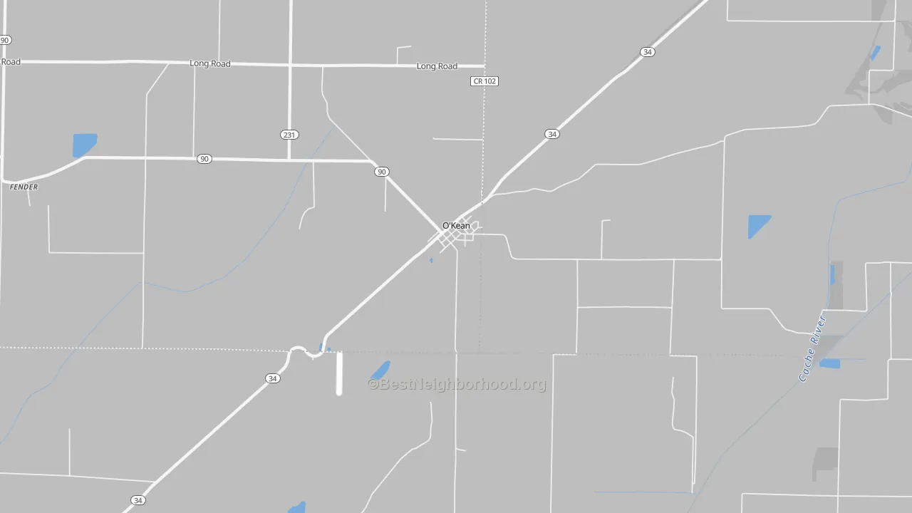 Walk Grade map of O'Kean, AR, walkable areas in green and car-dependent areas in red