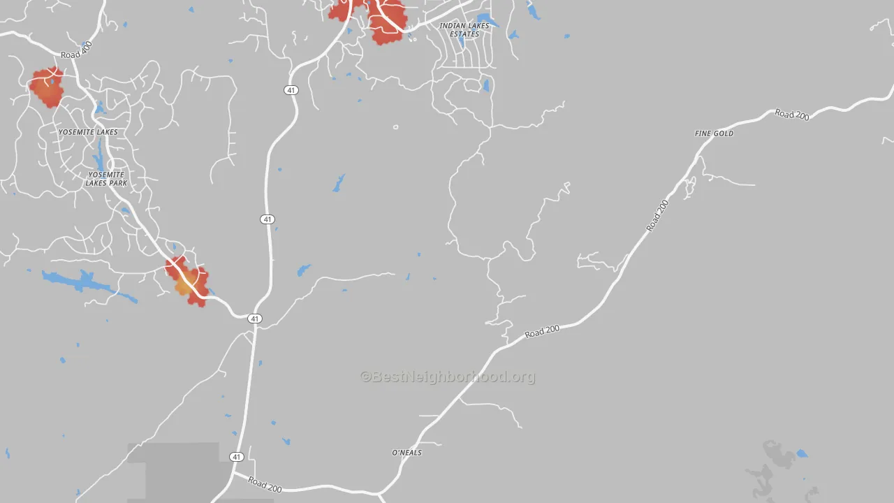 Walk Grade map of O'Neals, CA, walkable areas in green and car-dependent areas in red