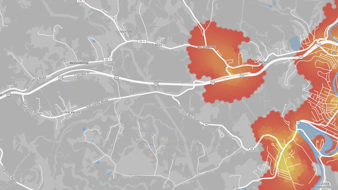 Walk Grade map of O'neil, WV, walkable areas in green and car-dependent areas in red