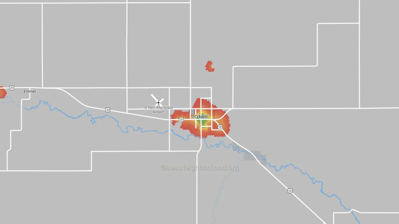 Walk Grade map of O'Neill, NE, walkable areas in green and car-dependent areas in red