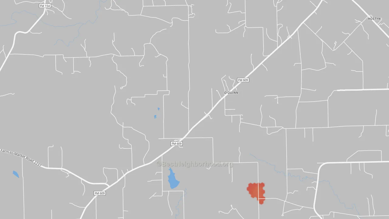 Walk Grade map of O'Quinn, TX, walkable areas in green and car-dependent areas in red