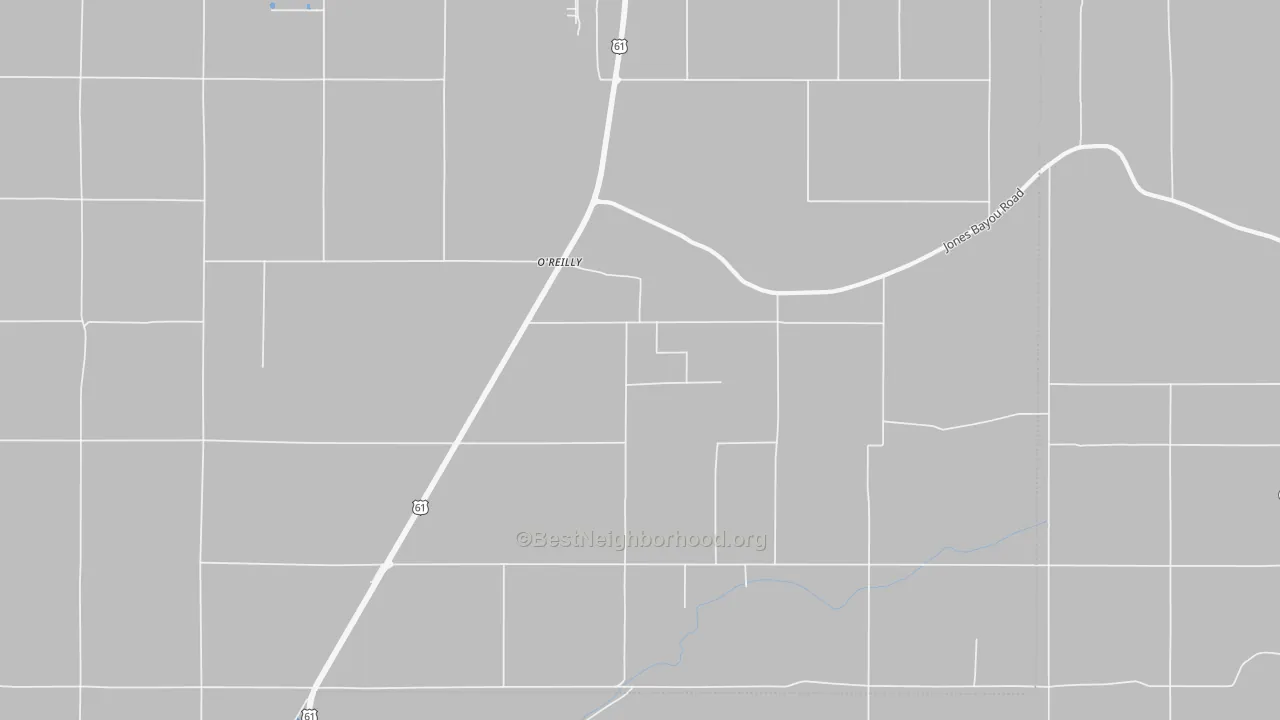 Walk Grade map of O'reilly, MS, walkable areas in green and car-dependent areas in red