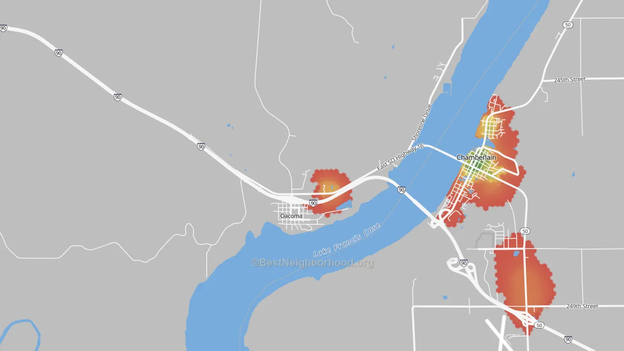 Walk Grade map of Oacoma, SD, walkable areas in green and car-dependent areas in red