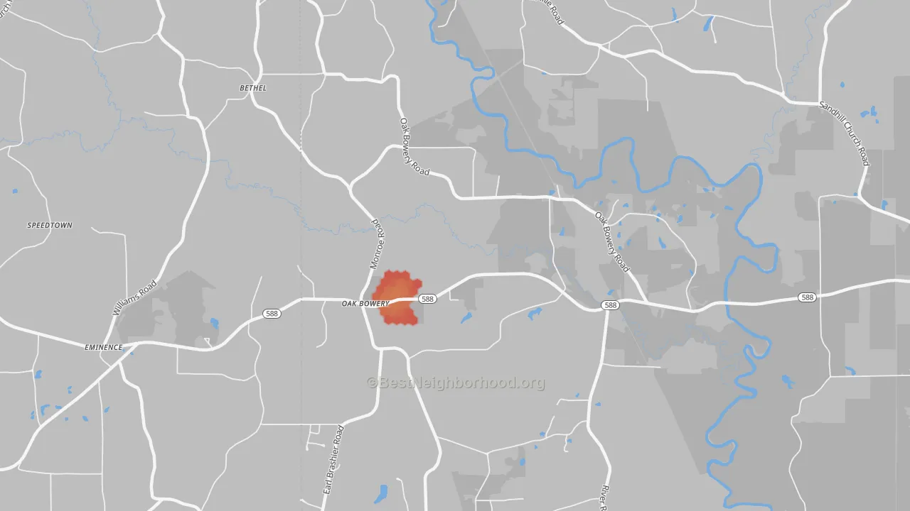 Walk Grade map of Oak Bowery, MS, walkable areas in green and car-dependent areas in red