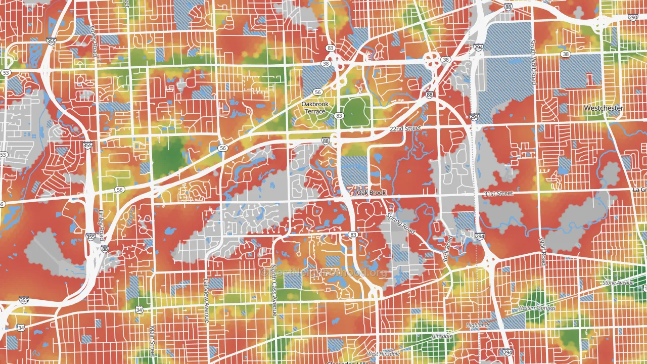 Walk Grade map of Oak Brook, IL, walkable areas in green and car-dependent areas in red