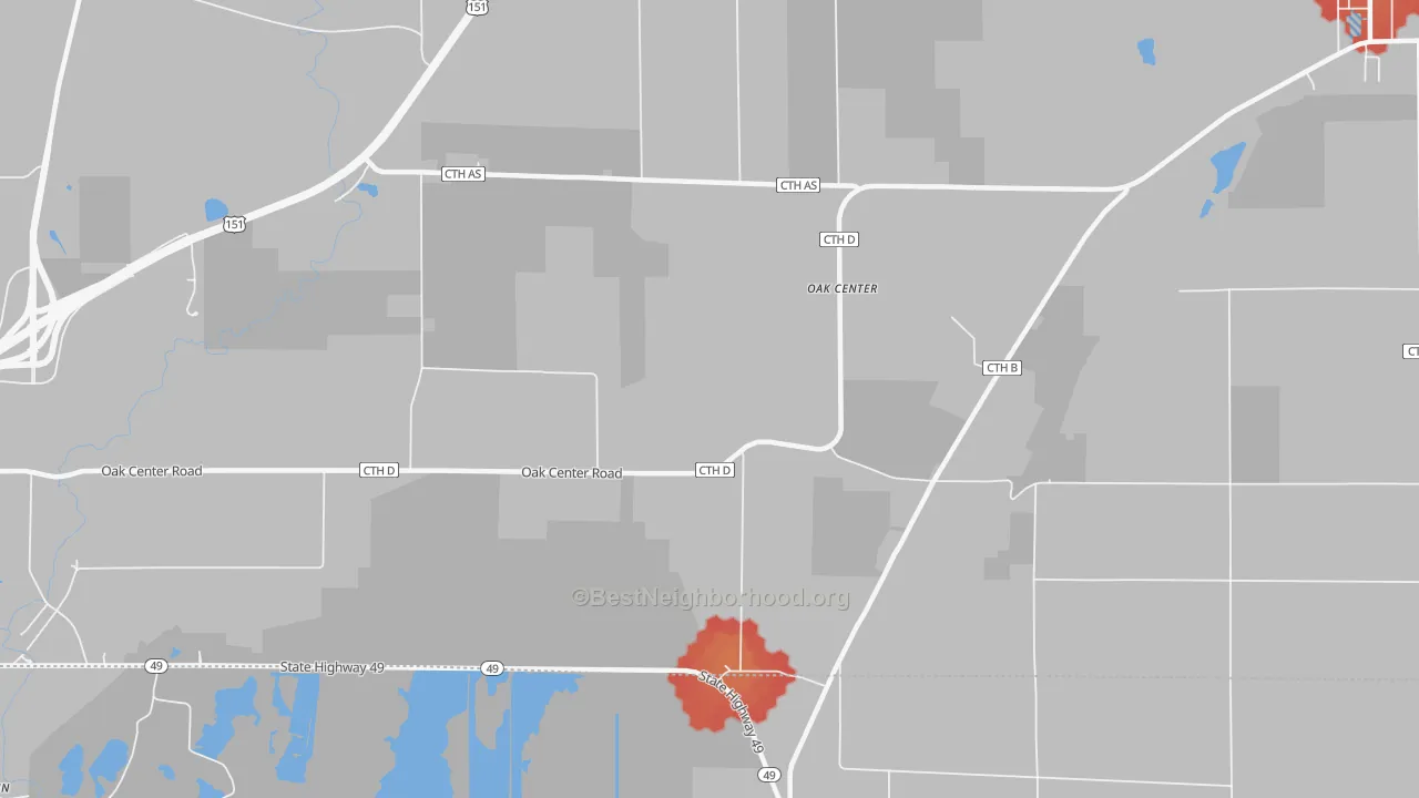 Walk Grade map of Oak Center, WI, walkable areas in green and car-dependent areas in red