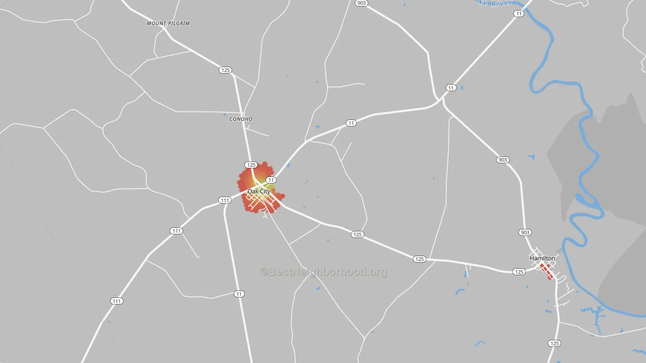 Walk Grade map of Oak City, NC, walkable areas in green and car-dependent areas in red