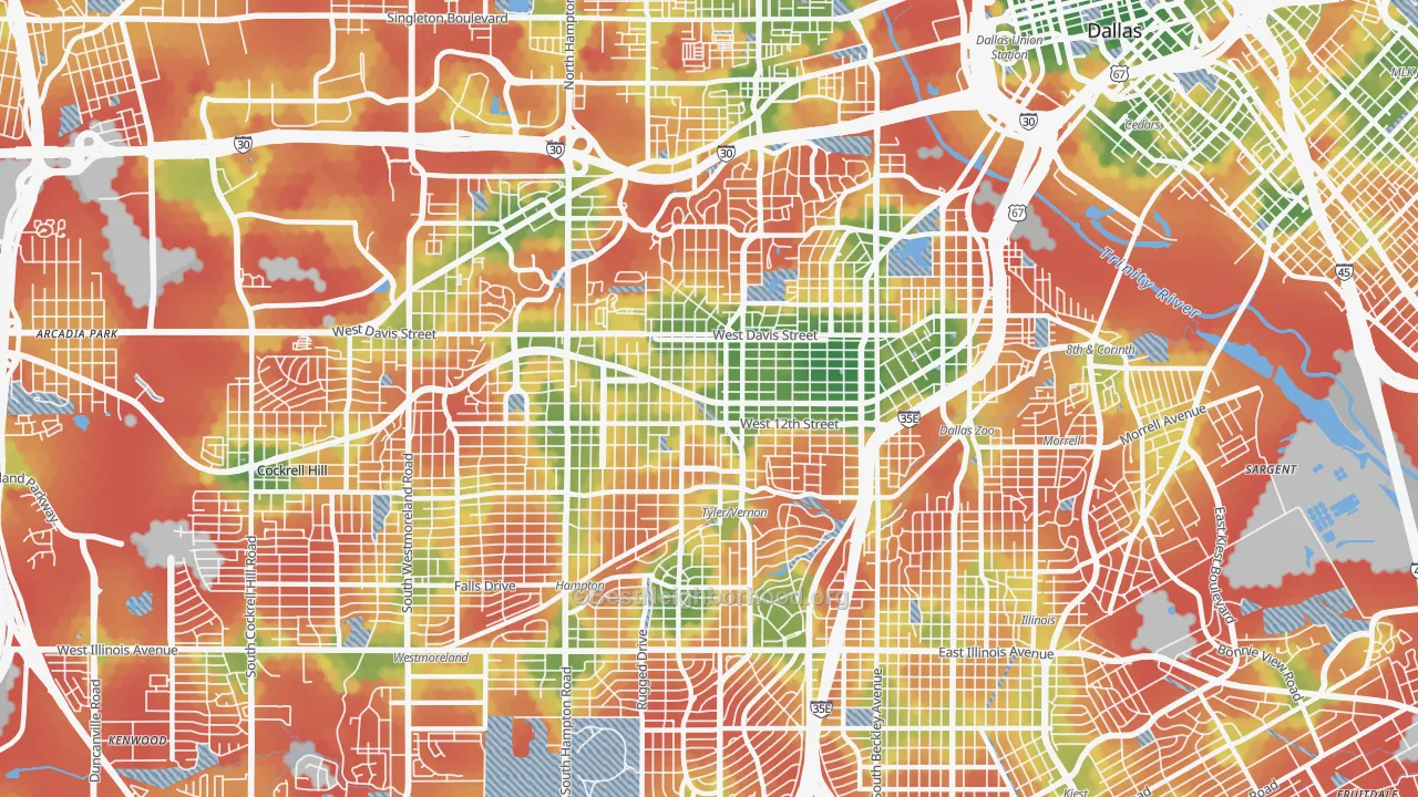 Walk Grade map of Oak Cliff, Dallas, TX, walkable areas in green and car-dependent areas in red