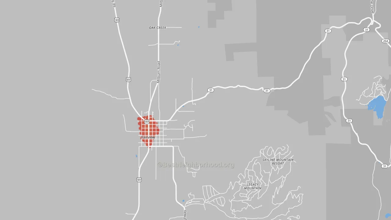 Walk Grade map of Oak Creek, UT, walkable areas in green and car-dependent areas in red