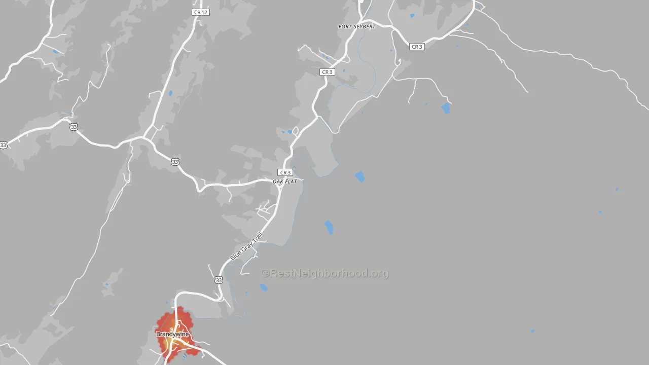 Walk Grade map of Oak Flat, WV, walkable areas in green and car-dependent areas in red
