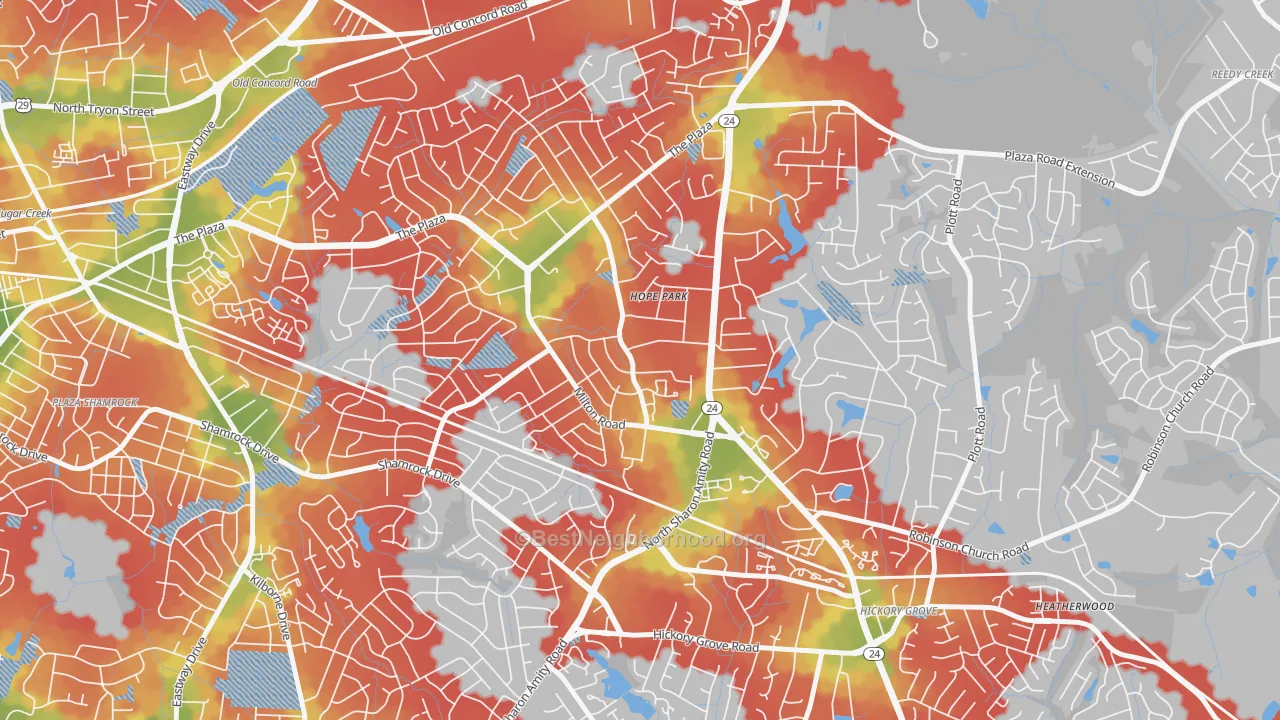 Walk Grade map of Oak Forest, Charlotte, NC, walkable areas in green and car-dependent areas in red