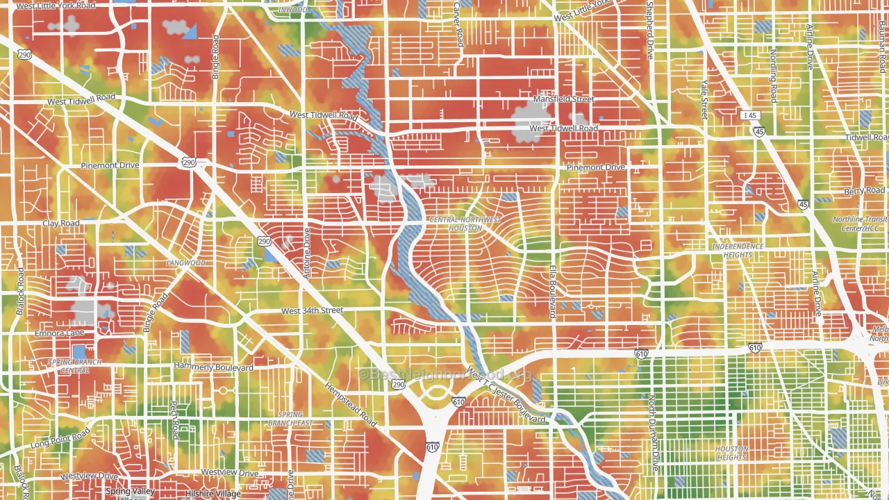 Walk Grade map of Oak Forest-Garden Oaks, Houston, TX, walkable areas in green and car-dependent areas in red