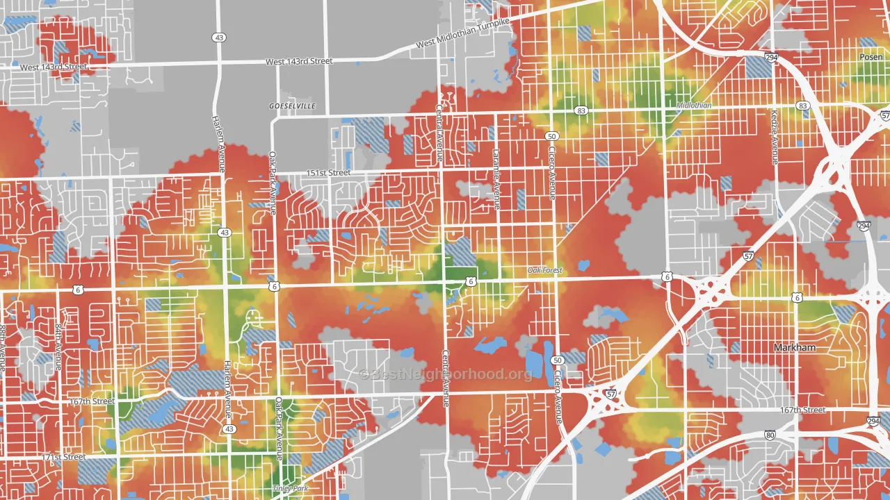 Walk Grade map of Oak Forest, IL, walkable areas in green and car-dependent areas in red