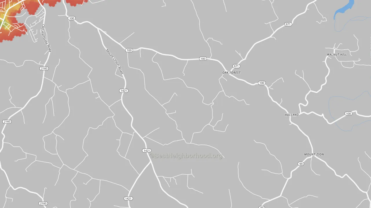 Walk Grade map of Oak Forest, KY, walkable areas in green and car-dependent areas in red