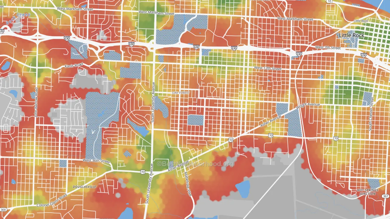 Walk Grade map of Oak Forest, Little Rock, AR, walkable areas in green and car-dependent areas in red