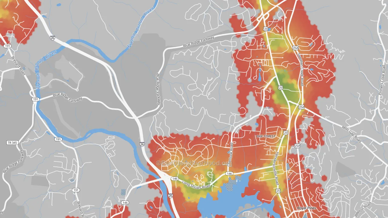 Walk Grade map of Oak Forest, NC, walkable areas in green and car-dependent areas in red