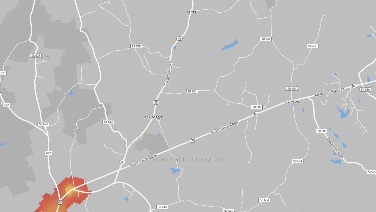 Walk Grade map of Oak Forest, VA, walkable areas in green and car-dependent areas in red