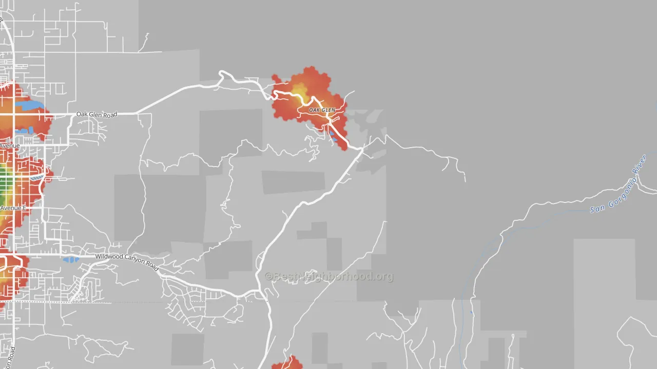 Walk Grade map of Oak Glen, CA, walkable areas in green and car-dependent areas in red