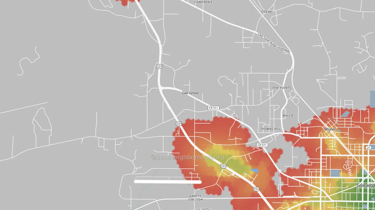 Walk Grade map of Oak Grove, AL, walkable areas in green and car-dependent areas in red