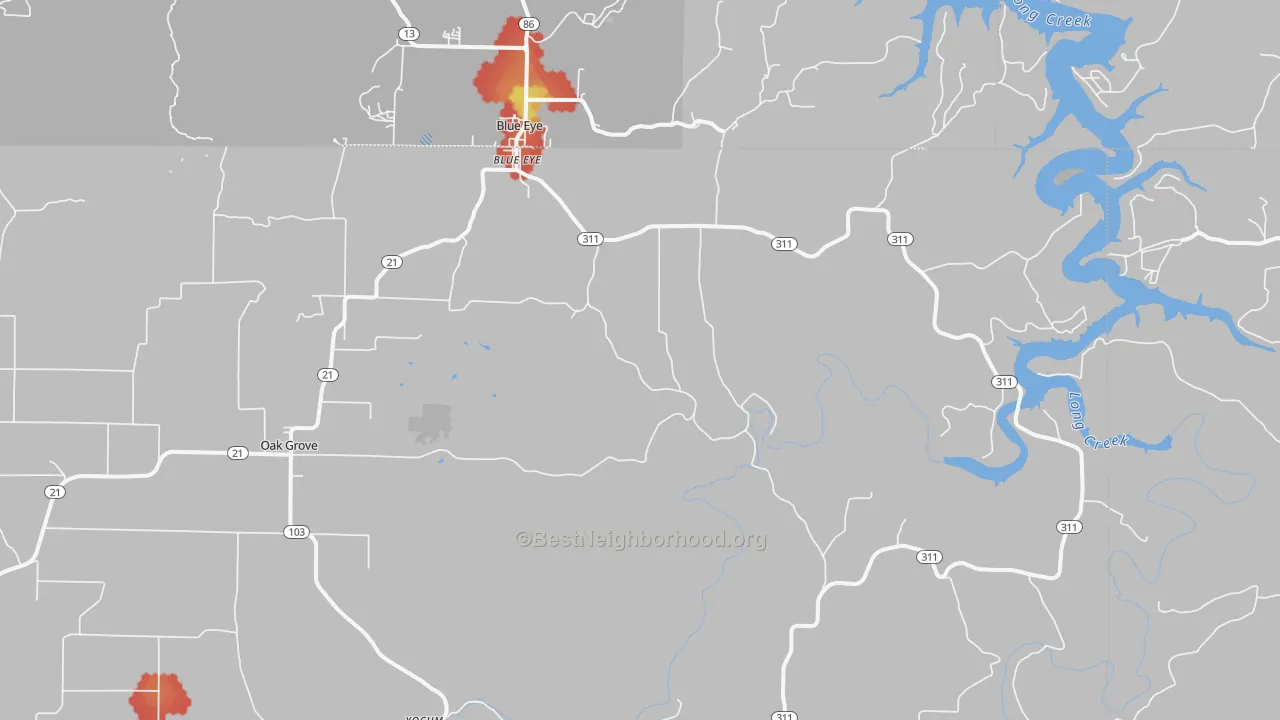 Walk Grade map of Oak Grove, AR, walkable areas in green and car-dependent areas in red