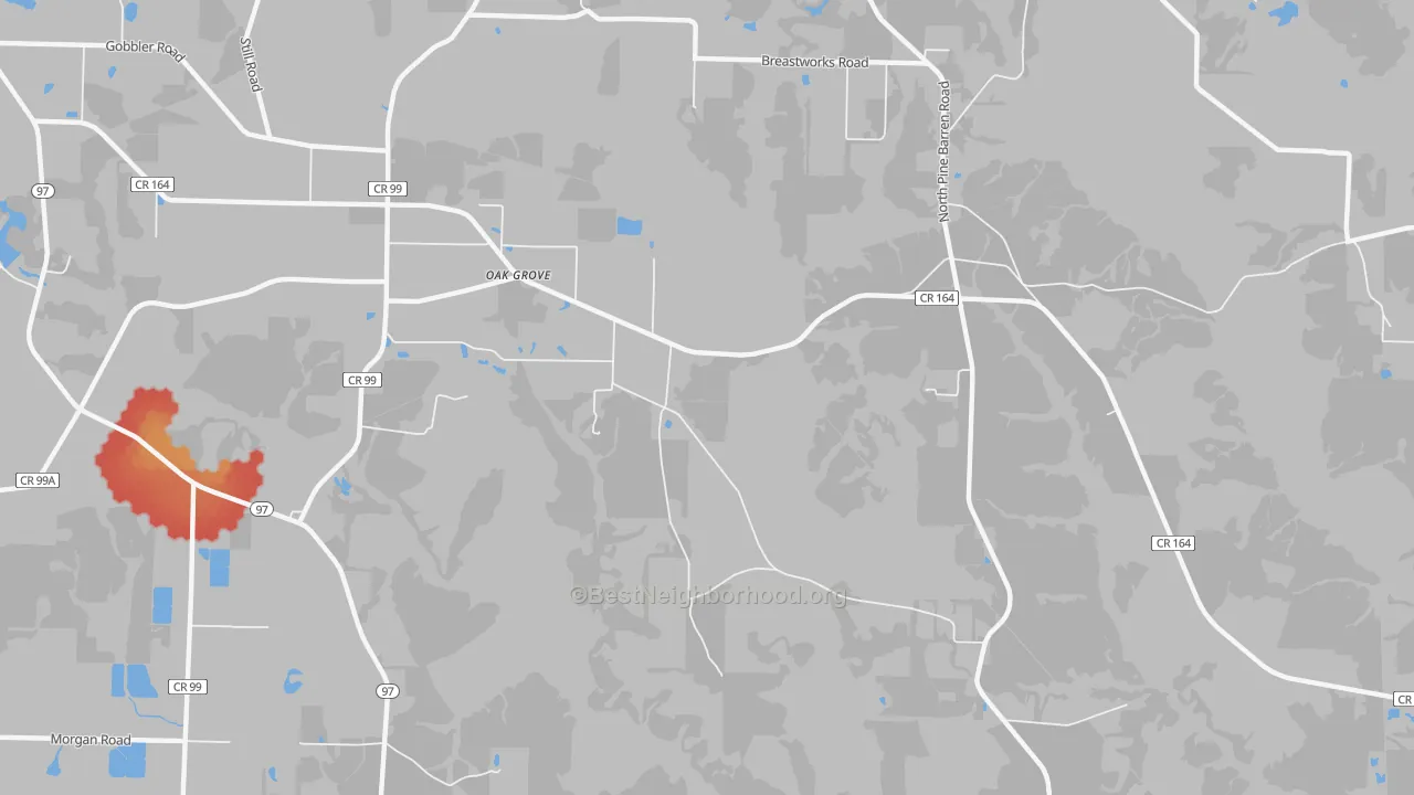 Walk Grade map of Oak Grove, FL, walkable areas in green and car-dependent areas in red