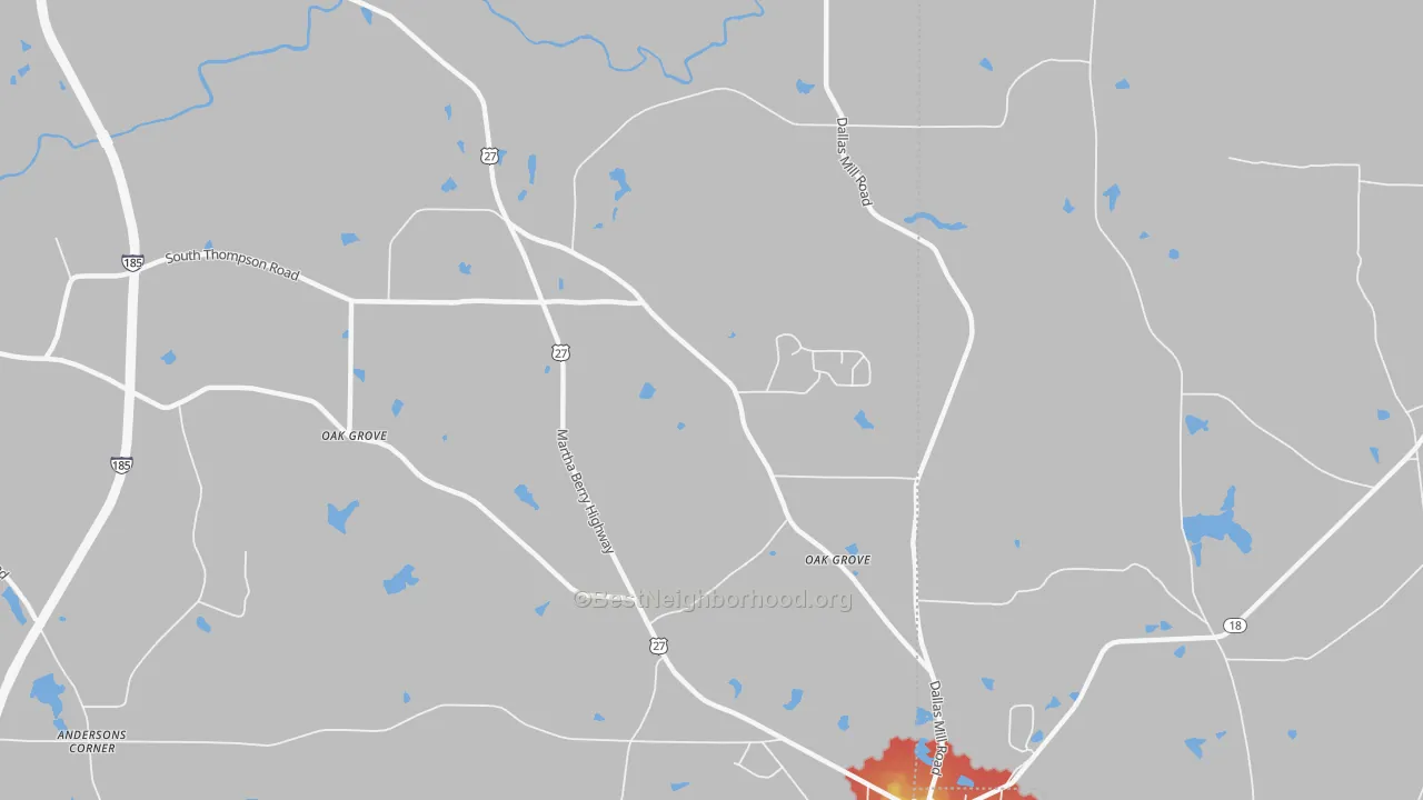 Walk Grade map of Oak Grove, GA, walkable areas in green and car-dependent areas in red