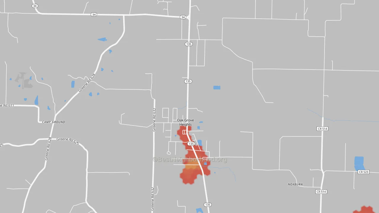 Walk Grade map of Oak Grove Heights, AR, walkable areas in green and car-dependent areas in red